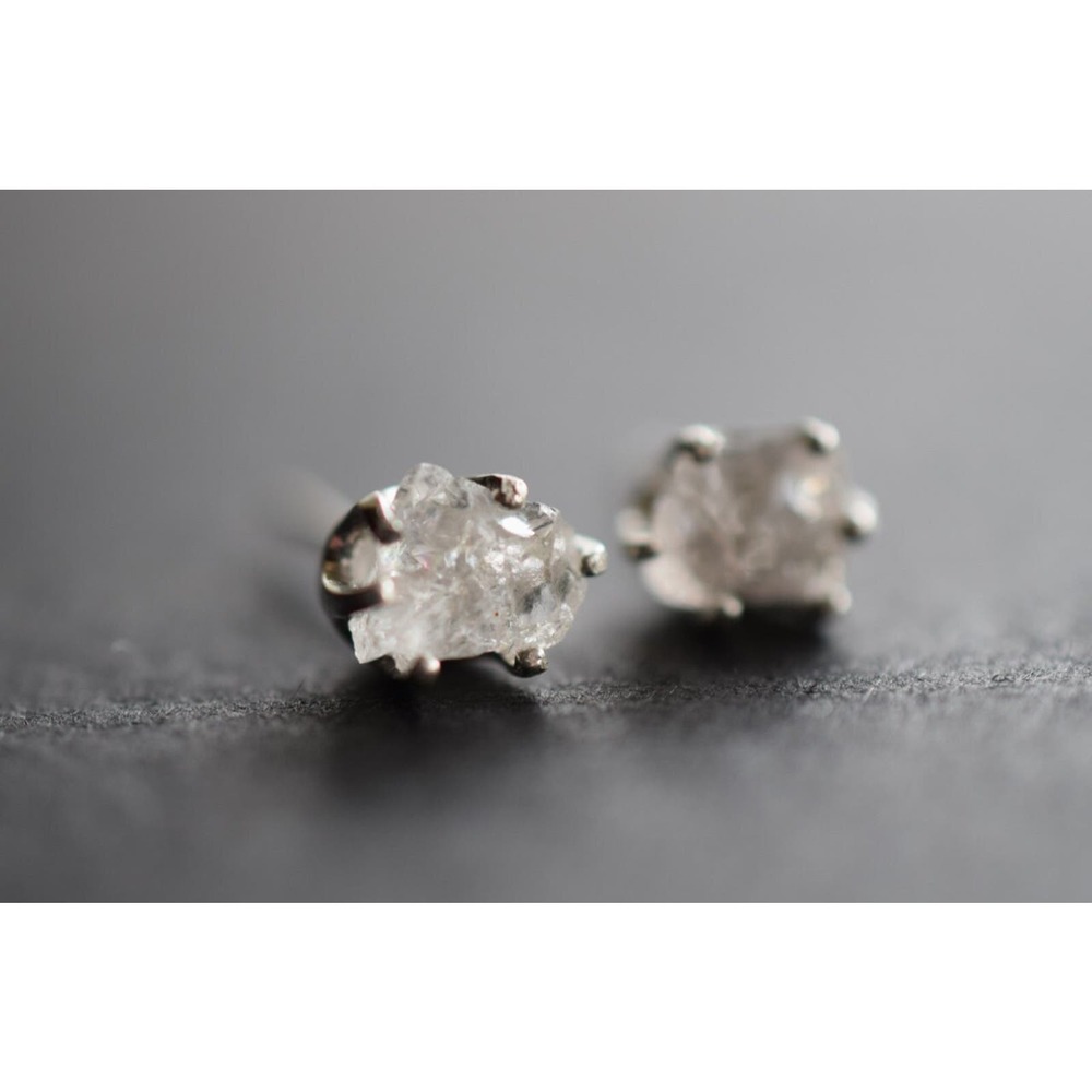 Sterling silver stud earrings, alternative diamond, uncut natural gemsto…